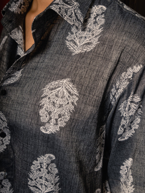 Grey Paisley Print Premium Oversized Unisex Rayon Shirt