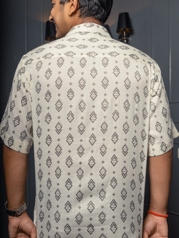 White & Grey Geometrical Print Premium Oversized Unisex Rayon Shirt