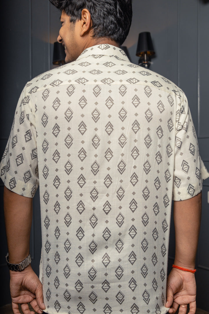 White & Grey Geometrical Print Premium Oversized Unisex Rayon Shirt