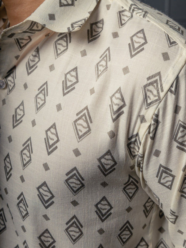 White & Grey Geometrical Print Premium Oversized Unisex Rayon Shirt