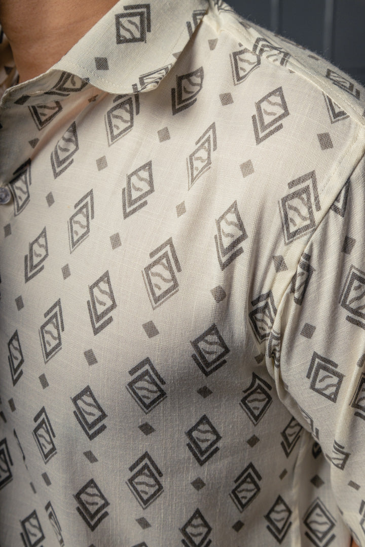 White & Grey Geometrical Print Premium Oversized Unisex Rayon Shirt