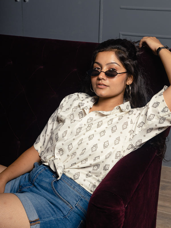 White & Grey Geometrical Print Premium Oversized Unisex Rayon Shirt