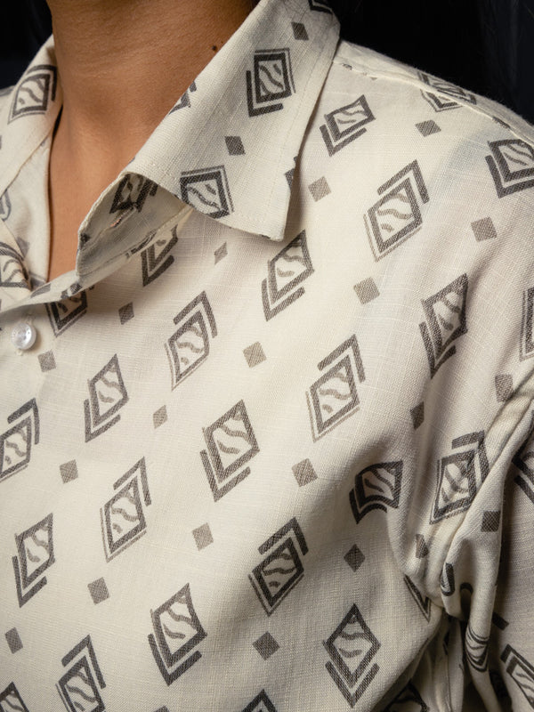 White & Grey Geometrical Print Premium Oversized Unisex Rayon Shirt