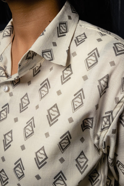 White & Grey Geometrical Print Premium Oversized Unisex Rayon Shirt