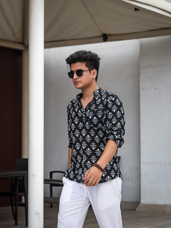 Black Ethinc Motifs Handblock Printed Short Kurta