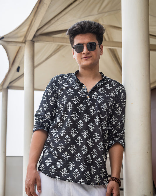 Black Ethinc Motifs Handblock Printed Short Kurta