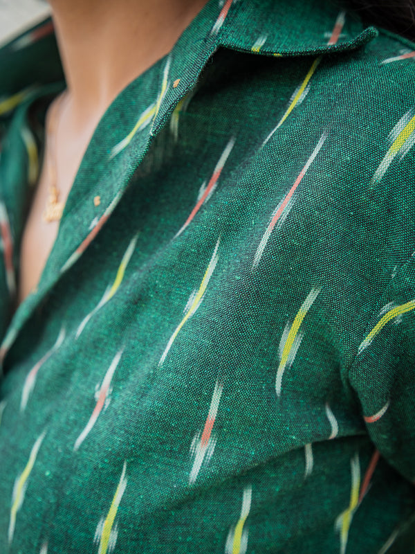 Bottle Green Handwoven Ikat Women Slim Fit Crop Shirt
