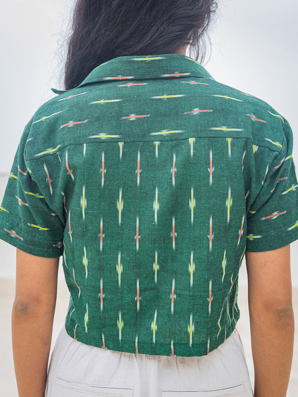 Bottle Green Handwoven Ikat Women Slim Fit Crop Shirt