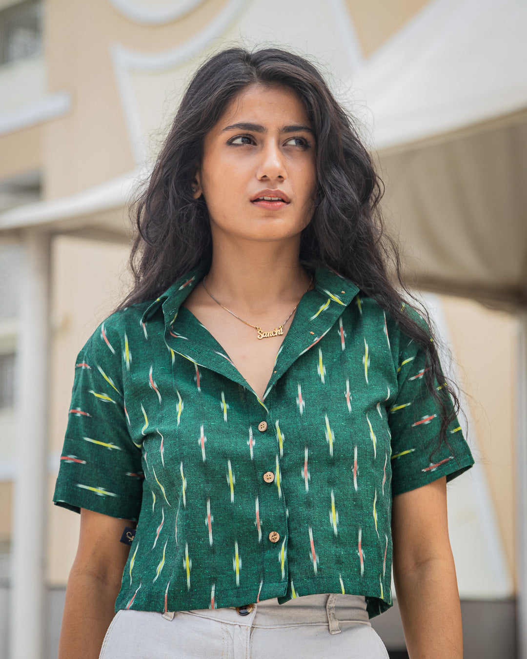 Bottle Green Handwoven Ikat Women Slim Fit Crop Shirt