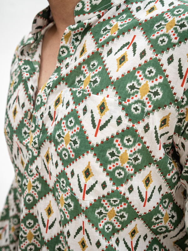 White & Green Ethinc Motifs Handblock Printed Short Kurta