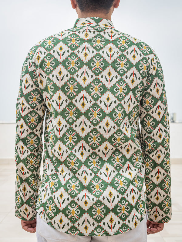 White & Green Ethinc Motifs Handblock Printed Short Kurta
