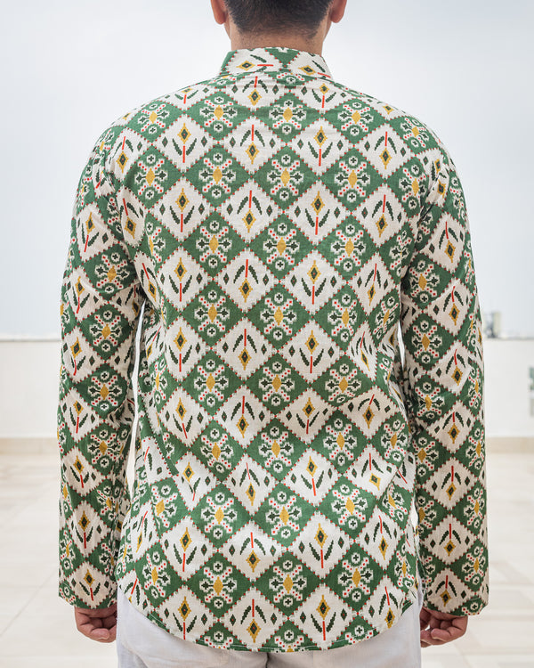 White & Green Ethinc Motifs Handblock Printed Short Kurta