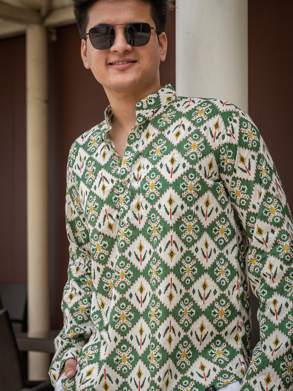 White & Green Ethinc Motifs Handblock Printed Short Kurta