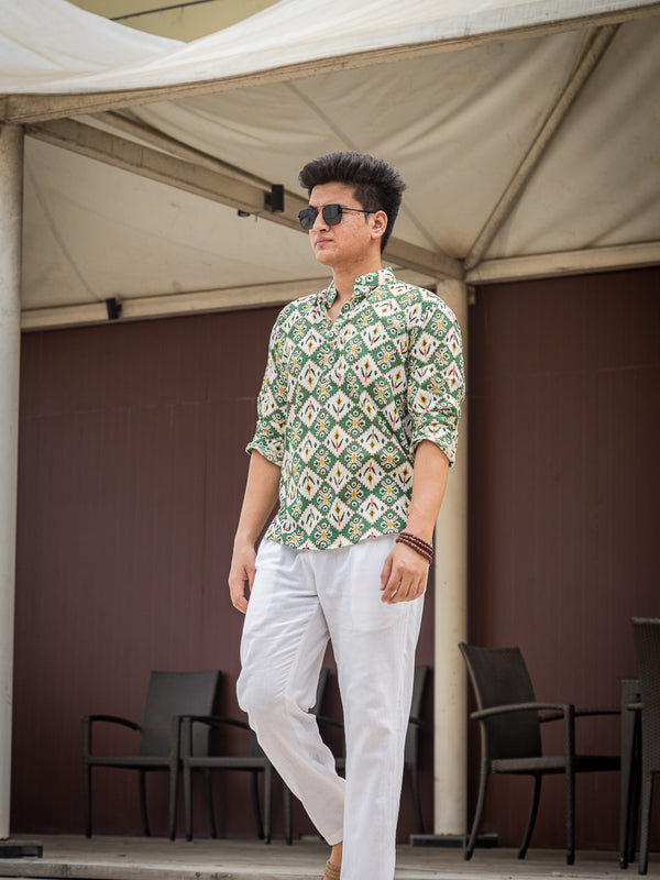 White & Green Ethinc Motifs Handblock Printed Short Kurta