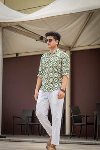 White & Green Ethinc Motifs Handblock Printed Short Kurta