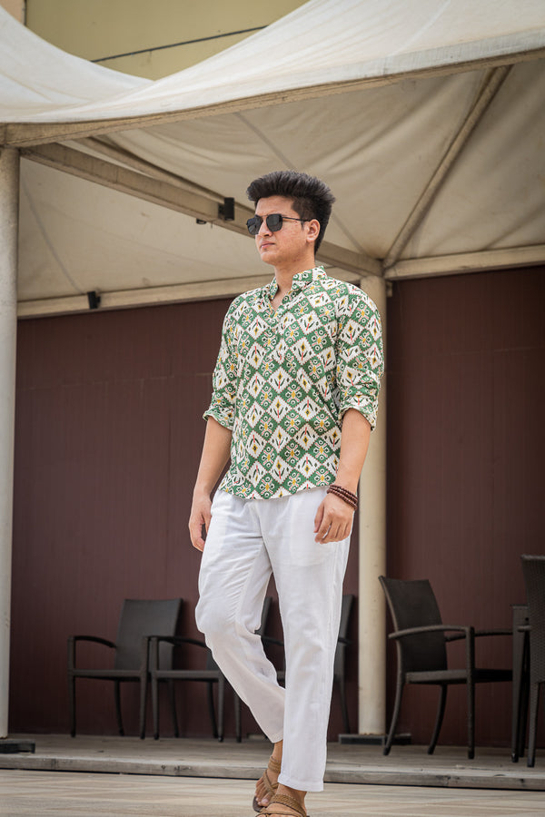 White & Green Ethinc Motifs Handblock Printed Short Kurta