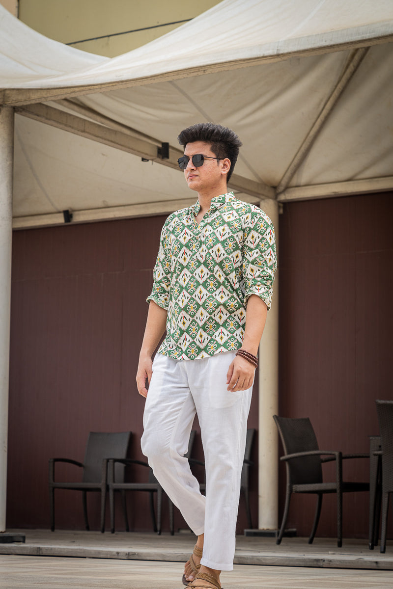White & Green Ethinc Motifs Handblock Printed Short Kurta