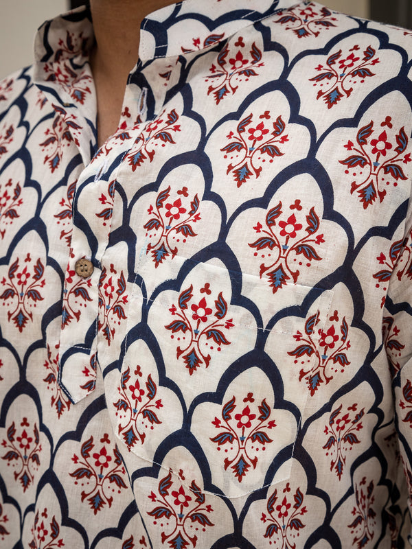 White & Blue Ethinc Motifs Handblock Printed Short Kurta