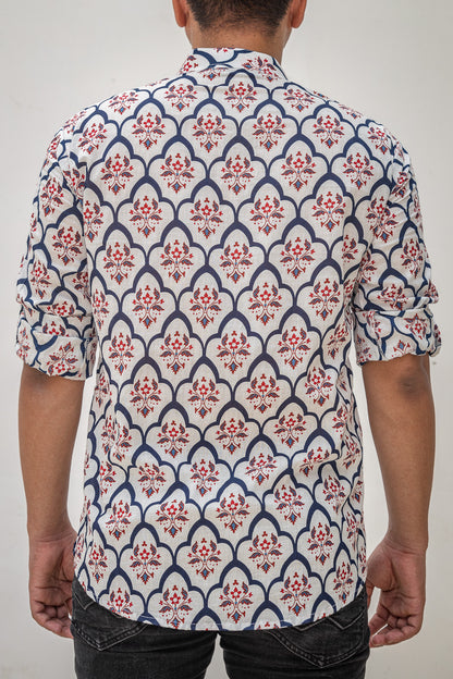 White & Blue Ethinc Motifs Handblock Printed Short Kurta