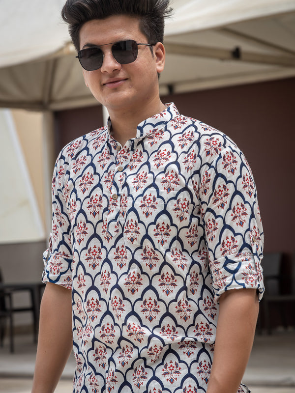 White & Blue Ethinc Motifs Handblock Printed Short Kurta