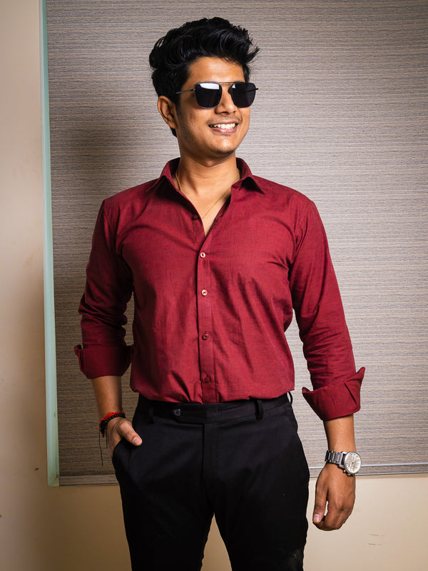 Opulent Maroon Slim Fit Yarn Dyed Cotton Shirt