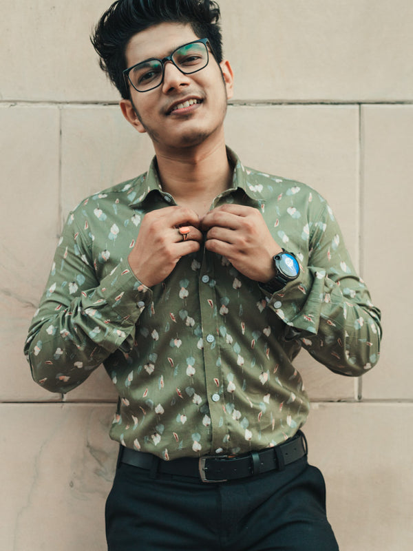 Dark Green Leaves Digital Printed Party Wear Slim Fit Giza Cotton Shirt