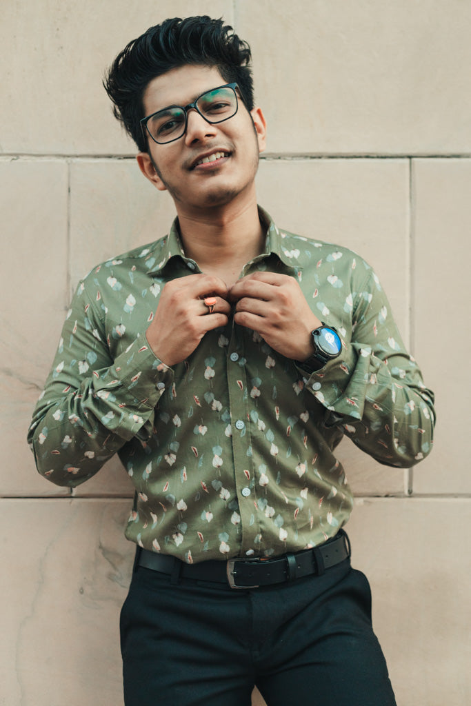 Dark Green Leaves Digital Printed Party Wear Slim Fit Giza Cotton Shirt