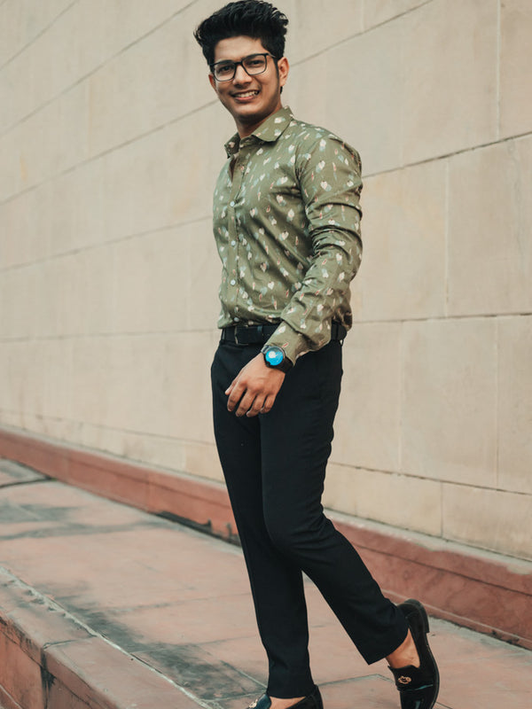 Dark Green Leaves Digital Printed Party Wear Slim Fit Giza Cotton Shirt