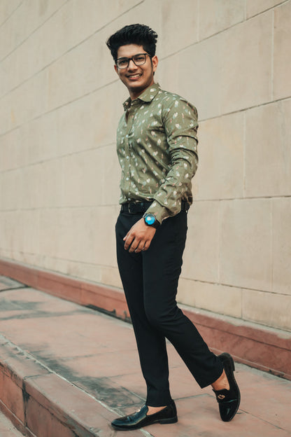 Dark Green Leaves Digital Printed Party Wear Slim Fit Giza Cotton Shirt