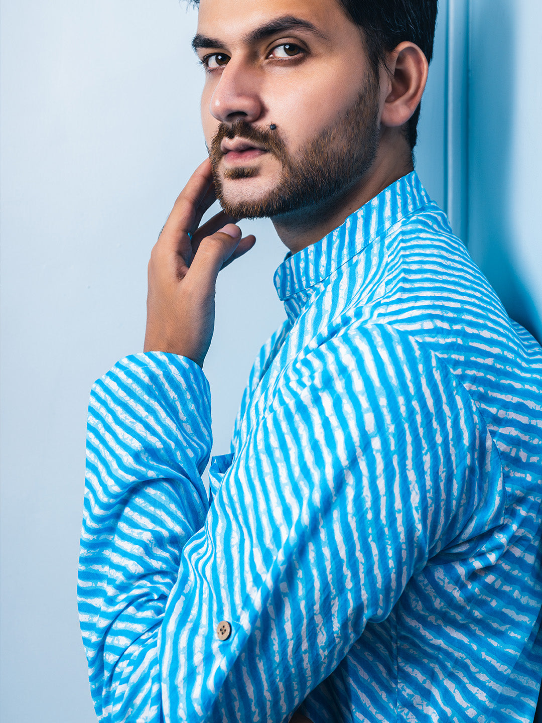 Sky Blue Lehriya Handblock Printed Short Kurta