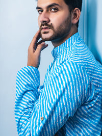 Sky Blue Lehriya Handblock Printed Short Kurta