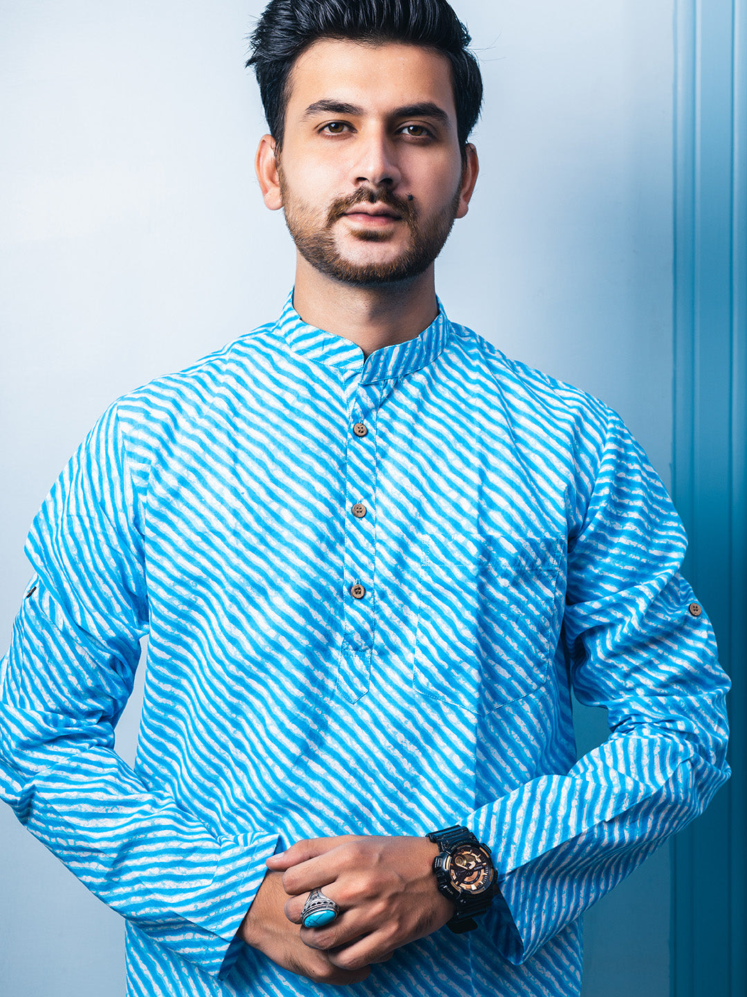 Sky Blue Lehriya Handblock Printed Short Kurta