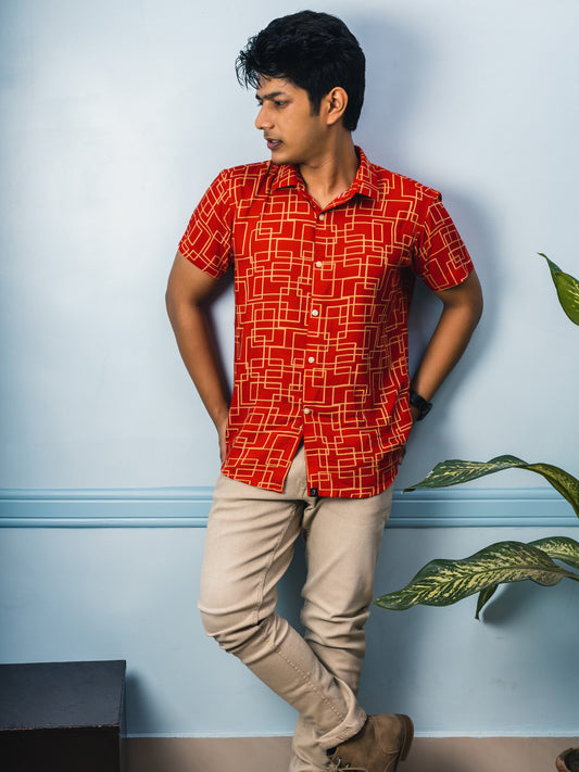 Red Squares Premium Rayon Slim Fit Shirt