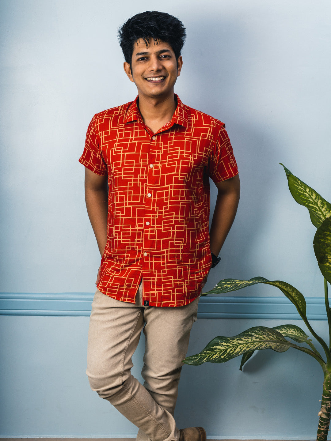 Red Squares Premium Rayon Slim Fit Shirt