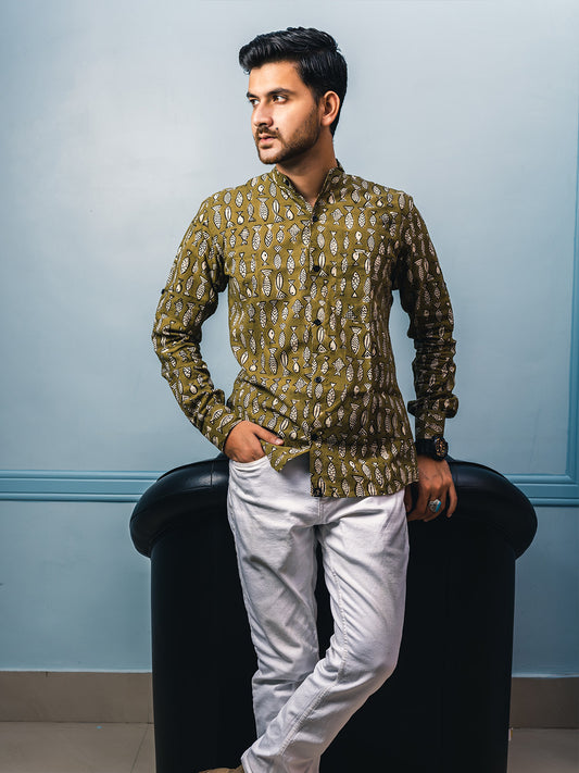 Green Fish Hand Block Printed Slim Fit Shirt