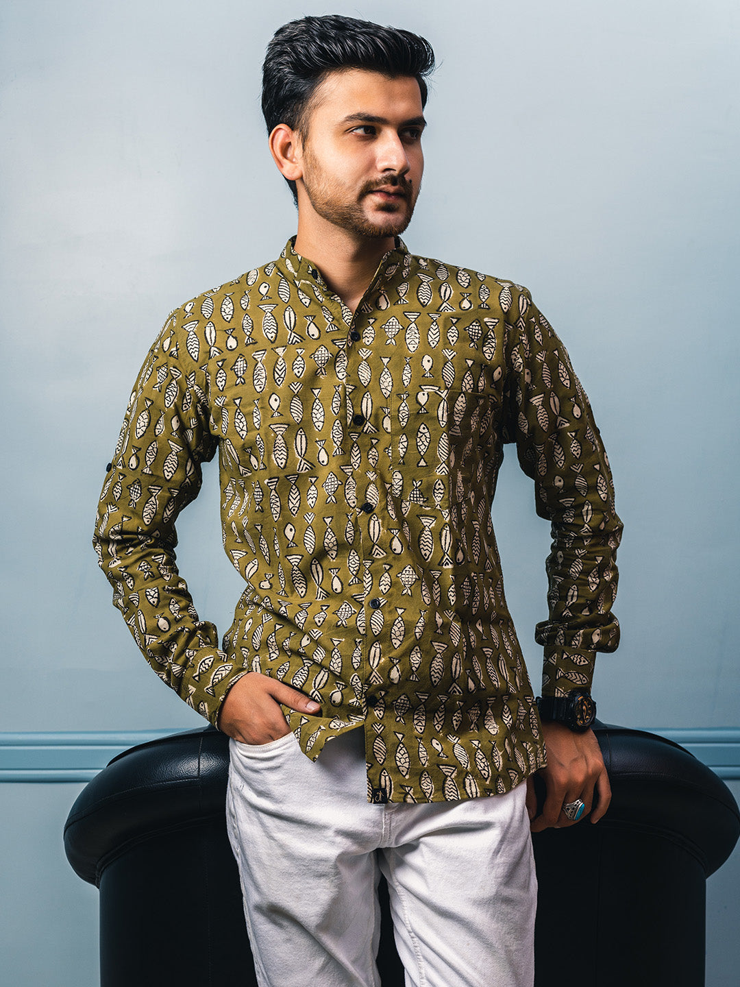 Green Fish Hand Block Printed Slim Fit Shirt