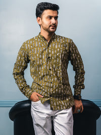 Green Fish Hand Block Printed Slim Fit Shirt