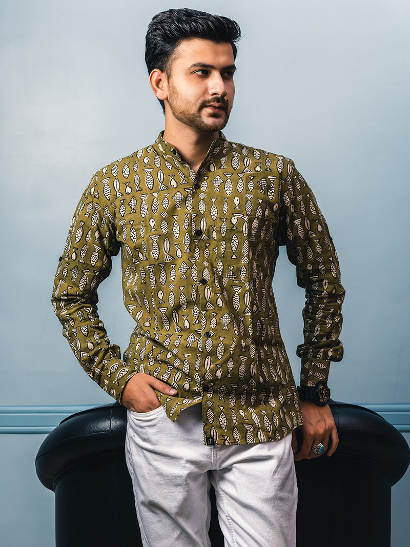 Green Fish Hand Block Printed Slim Fit Shirt