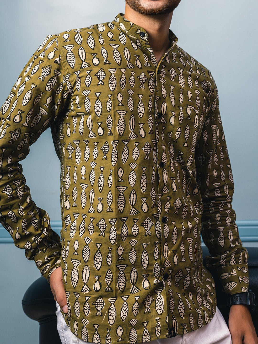 Green Fish Hand Block Printed Slim Fit Shirt