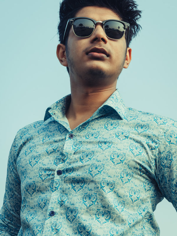Blue Royal Motifs Digital Printed Party Wear Slim Fit Giza Cotton Shirt