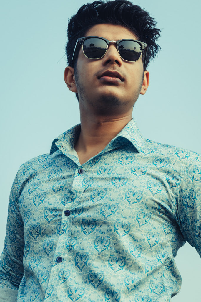 Blue Royal Motifs Digital Printed Party Wear Slim Fit Giza Cotton Shirt