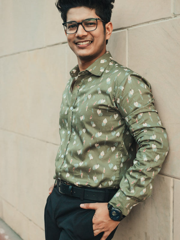 Dark Green Leaves Digital Printed Party Wear Slim Fit Giza Cotton Shirt