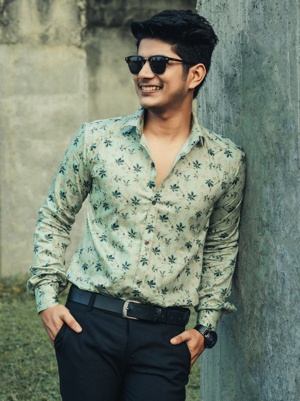 Green Leaves Digital Printed Party Wear Slim Fit Giza Cotton Shirt