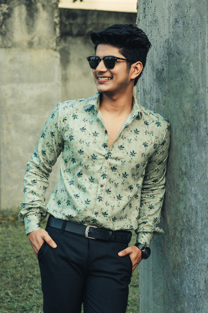 Green Leaves Digital Printed Party Wear Slim Fit Giza Cotton Shirt