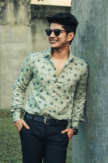 Green Leaves Digital Printed Party Wear Slim Fit Giza Cotton Shirt
