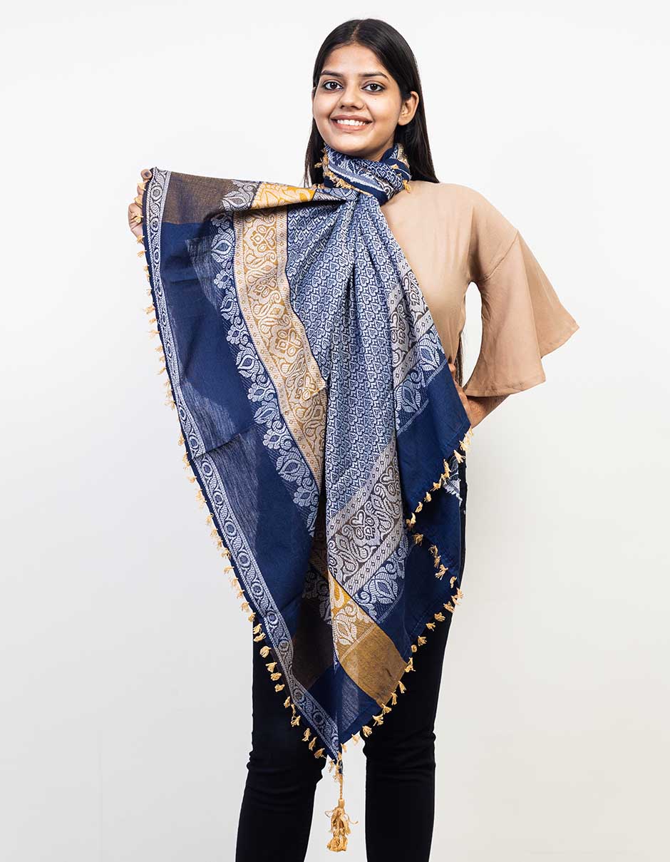 Javinishka Royal Blue with Tan Embroidered Traditional Unisex Scarf