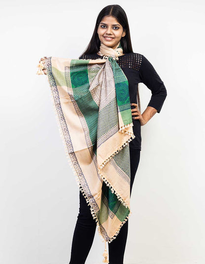 Javinishka Cream with Green Embroidered Traditional Unisex Scarf