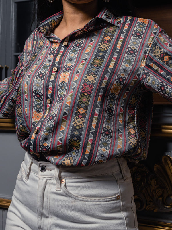 Grey Tribal Print Premium Oversized Unisex Rayon Shirt