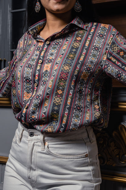 Grey Tribal Print Premium Oversized Unisex Rayon Shirt